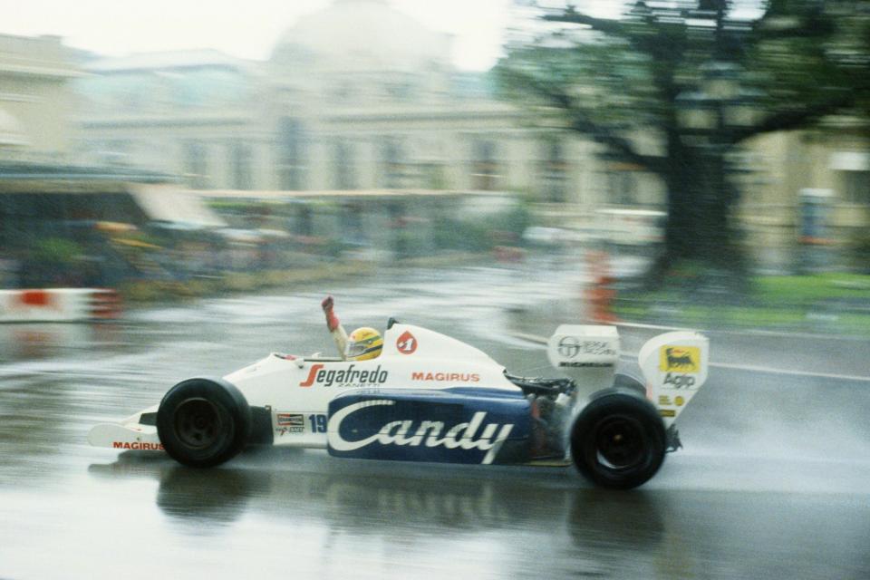 Senna driving the Toleman TG184 at the 1984 Monaco Grand Prix