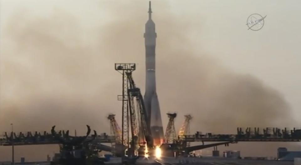 A Russian Soyuz rocket lifts off from Baikonur Cosmodrome in Kazakhstan on July 6, 2016, carrying three crewmembers toward the International Space Station.