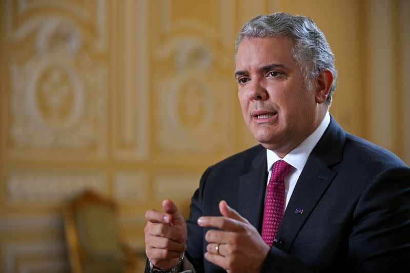 FILE PHOTO: Colombia's President Ivan Duque speaks during an interview with Reuters in Bogota