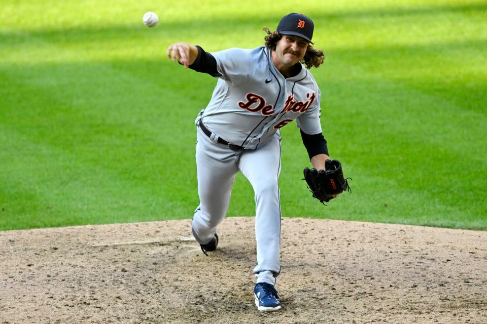 Detroit Tigers relief pitcher Jason Foley (68) delivers a pitch in the ninth inning against the Cleveland Guardians in Game 1 of a doubleheader at Progressive Field in Cleveland on Friday, Aug. 18, 2023.