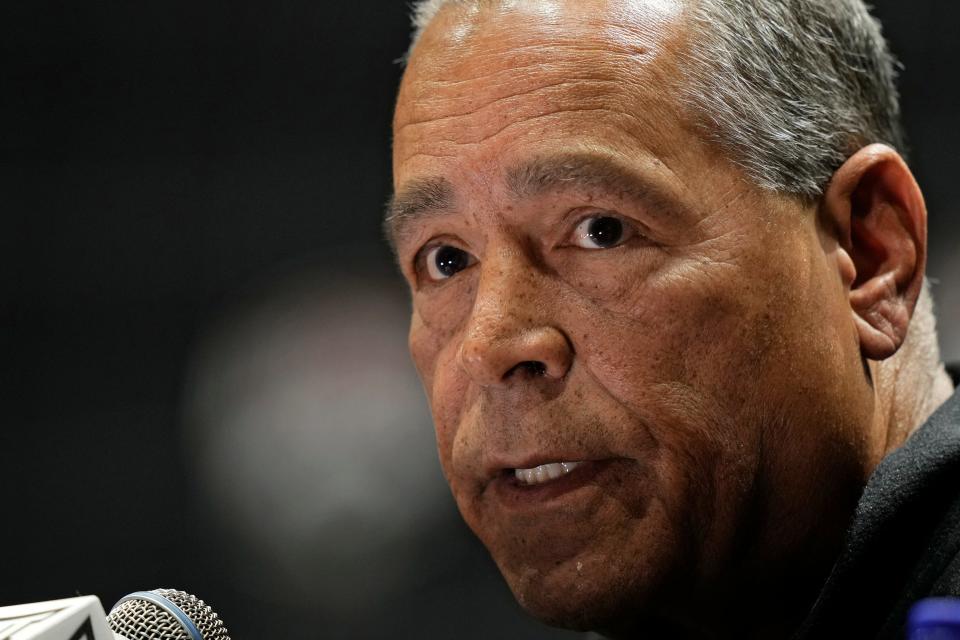 Houston coach Kelvin Sampson speaks to the media during the NCAA college Big 12 men's basketball media day Wednesday, Oct. 18, 2023, in Kansas City, Mo.