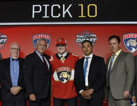 June 23, 2017; Chicago, IL, USA; Owen Tippett poses for photos after being selected as the number ten overall pick to the Florida Panthers in the first round of the 2017 NHL Draft at the United Center. Mandatory Credit: David Banks-USA TODAY Sports