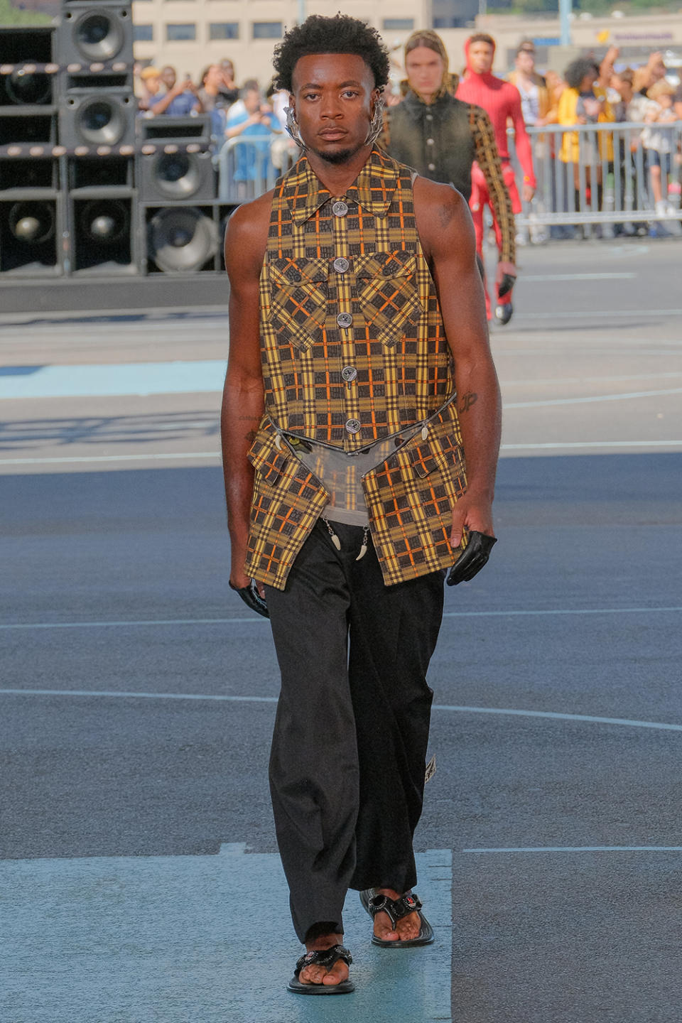 David Banda walks the runway at Off-White's spring 2025 fashion show as part of New York Fashion Week on Sept. 8, Madonna