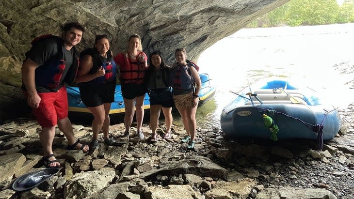 Geocaching HQ employees enjoy a rafting trip. 