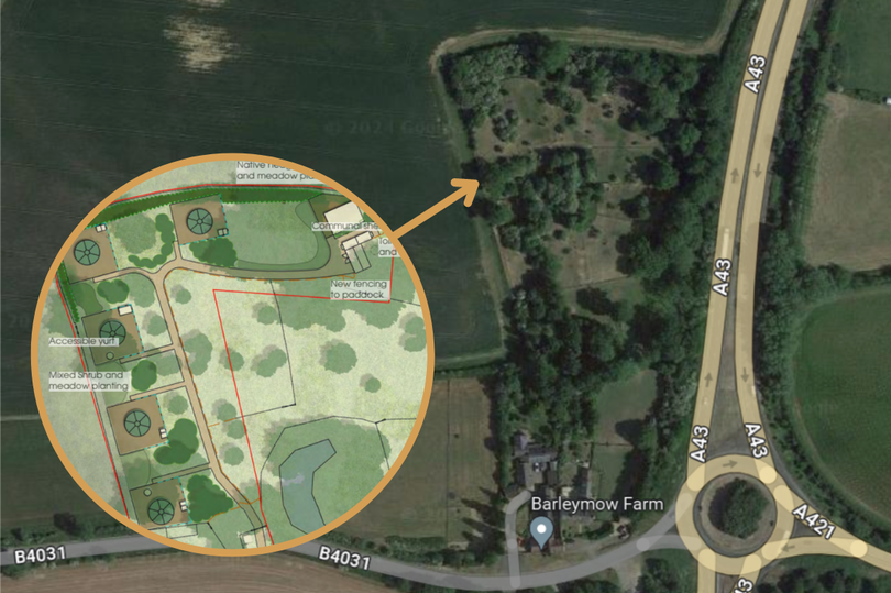 Blueprints indicate the glamping site would be located to the west of the A43, near Evenley.