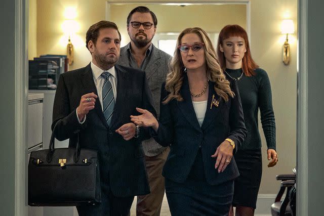 NIKO TAVERNISE/NETFLIX From left: Jonah Hill, Leonardo DiCaprio, Meryl Streep, and Jennifer Lawrence in 'Don't Look Up'