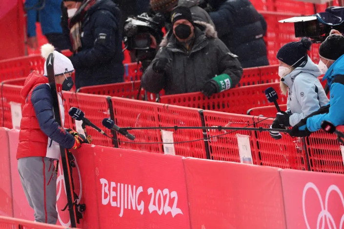 YANQING, CHINA - FEBRUARY 17: Mikaela Shiffrin of Team United States talks with the media after she skied off course during the Women&#39;s Alpine Combined Slalom on day 13 of the Beijing 2022 Winter Olympic Games at National Alpine Ski Centre on February 17, 2022 in Yanqing, China. (Photo by Tom Pennington/Getty Images)