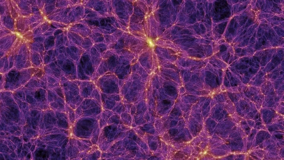  Crackles of orange streak across a purple background, representing tendrils of gas in the cosmic web that unites all galaxies 