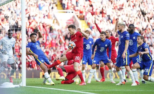 Chelsea’s Reece James was sent off after handling on the line during his side's 1-1 draw at Liverpool 