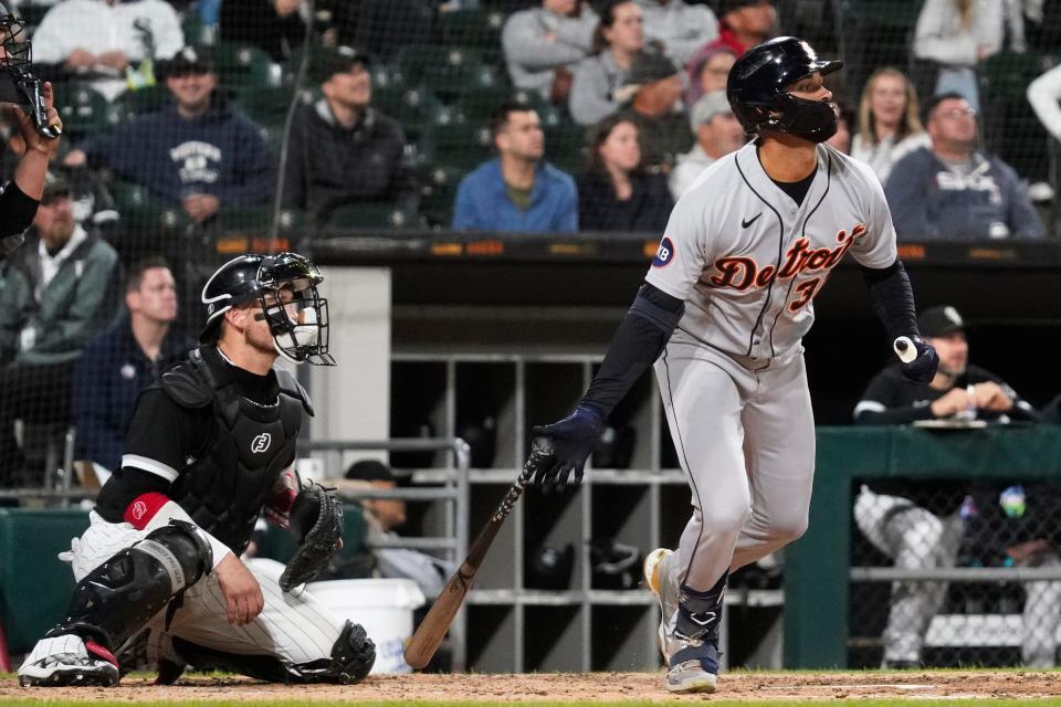 Detroit Tigers' Riley Greene watches his sacrifice fly to Chicago White Sox center fielder Adam Engel during the seventh inning at Guaranteed Rate Field in Chicago on Sept. 23, 2022.