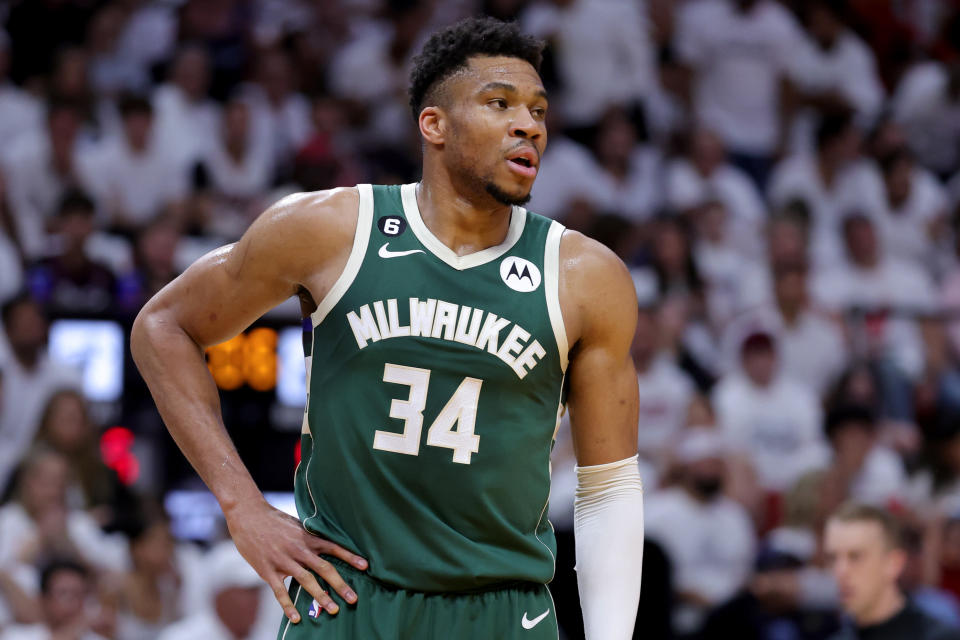 MIAMI, FLORIDA - APRIL 24: Giannis Antetokounmpo #34 of the Milwaukee Bucks looks on against the Miami Heat during the first quarter in Game Four of the Eastern Conference First Round Playoffs at Kaseya Center on April 24, 2023 in Miami, Florida. NOTE TO USER: User expressly acknowledges and agrees that, by downloading and or using this photograph, User is consenting to the terms and conditions of the Getty Images License Agreement. (Photo by Megan Briggs/Getty Images)