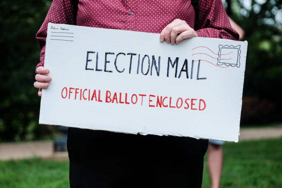 <div class="inline-image__title">1228054741</div> <div class="inline-image__caption"><p>"WASHINGTON, DC - AUGUST 15: Protest material that resemble mail-in election ballots are seen as demonstrators gather on Kalorama Park to protest President Donald Trump donor and current U.S. Postmaster General Louis Dejoy on August 15, 2020 in Washington, DC. The protests are in response to a recent statement by President Trump to withhold USPS funding that would ensure that the post office would be unable handle mail-in voting ballots for the upcoming 2020 Election. (Photo by Michael A. McCoy/Getty Images)"</p></div> <div class="inline-image__credit">Michael A. McCoy</div>