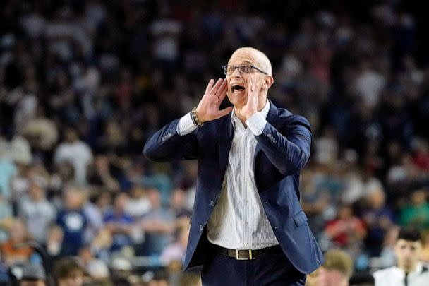 PHOTO: Connecticut Huskies head coach Dan Hurley shouts against the San Diego State Aztecs during the first half in the national championship game of the 2023 NCAA Tournament at NRG Stadium. (Bob Donnan/USA TODAY Sports via Reuters)