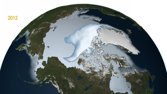 Multi-year Arctic ice in 2012. The bright white central mass shows the perennial sea ice. The larger light blue area shows the full extent of the winter sea ice including the average annual sea ice during the months of November, December and Ja