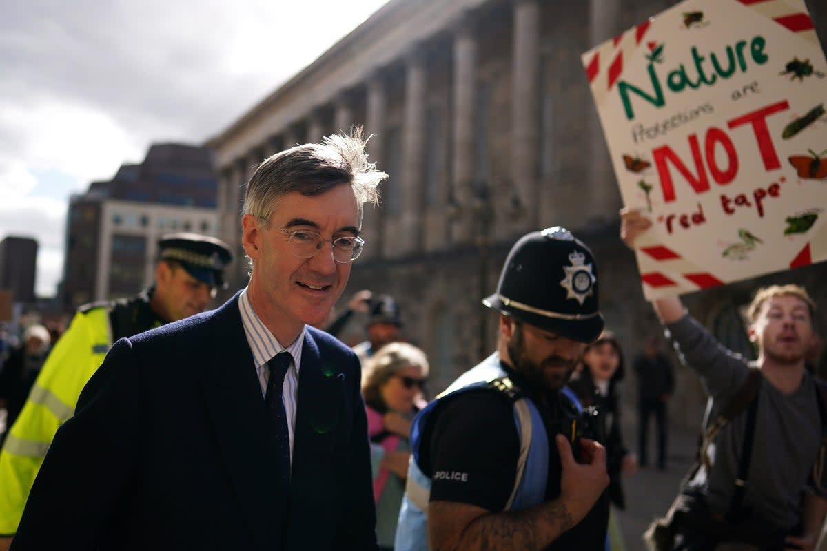 Jacob Rees-Mogg was booed by protesters as he arrived at the Tory conference (Getty Images)