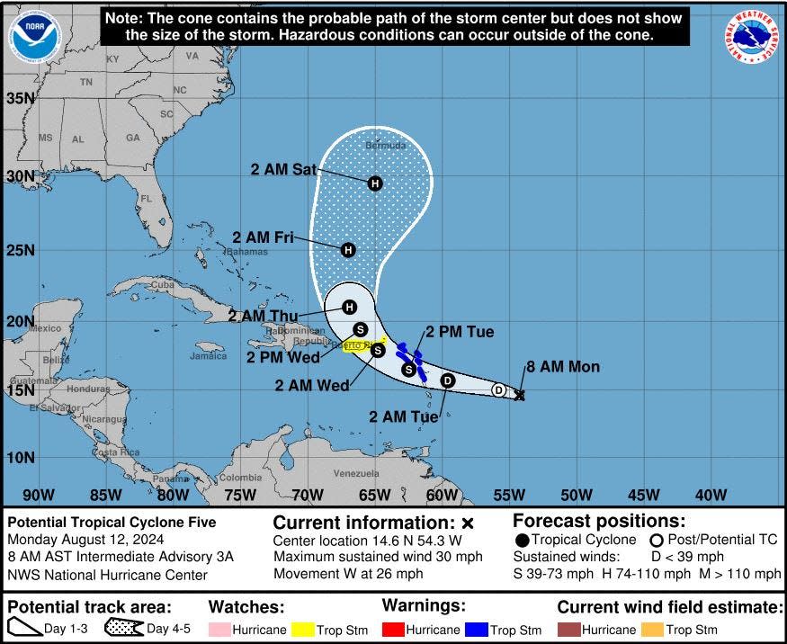 The National Hurricane Center is forecasting for Potential Tropical Cyclone Five, which it expects to become Tropical Storm Ernesto on Tuesday, Aug. 13, 2024.