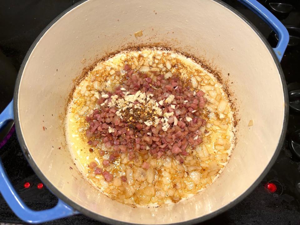 Adding the proscuitto for Ina Garten's weeknight pasta