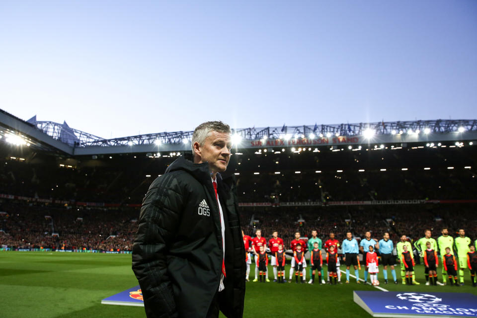 Ole Gunnar Solskjaer looks on prior to the UEFA Champions League Quarter Final first leg match between Manchester United and FC Barcelona at Old Trafford on April 10, 2019 in Manchester, England. (Photo by Robbie Jay Barratt – AMA/Getty Images)