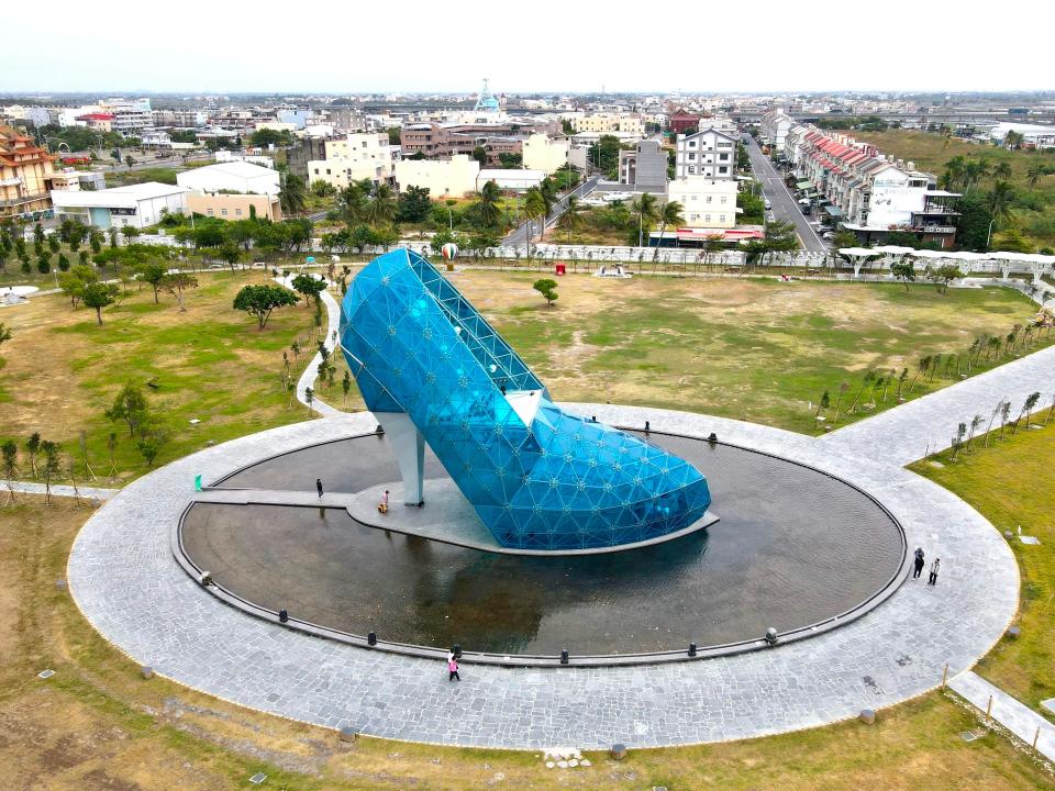 An aerial view of The High-Heel Wedding Church in Chiayi, Taiwan