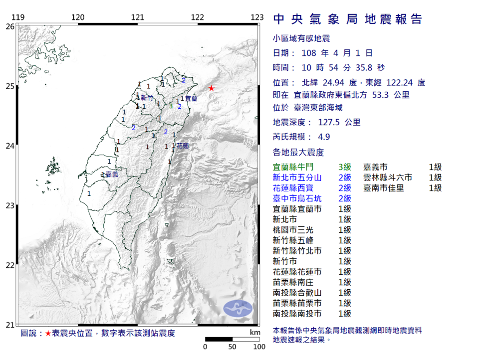 ▲台灣東部海域今（ 1 ）日 10 時 54 分發生芮氏規模 4.9 地震。（圖／氣象局）