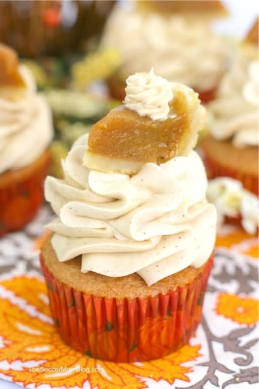 <p>The Soccer Mom Blog</p><p> These cupcakes are made with real pumpkins and topped with a tiny slice of pumpkin pie.</p><p><strong>Get the recipe:</strong> <a href="https://thesoccermomblog.com/pumpkin-pie-cupcakes" rel="nofollow noopener" target="_blank" data-ylk="slk:Pumpkin Pie Cupcakes;elm:context_link;itc:0;sec:content-canvas" class="link "><strong>Pumpkin Pie Cupcakes</strong></a></p>