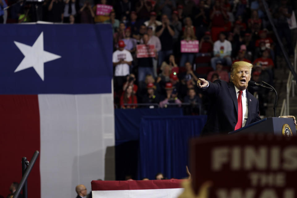 President Donald Trump speaks during a campaign rally for Sen. Ted Cruz, R-Texas, at Houston Toyota Center, Monday, Oct. 22, 2018, in Houston. (AP Photo/Evan Vucci)