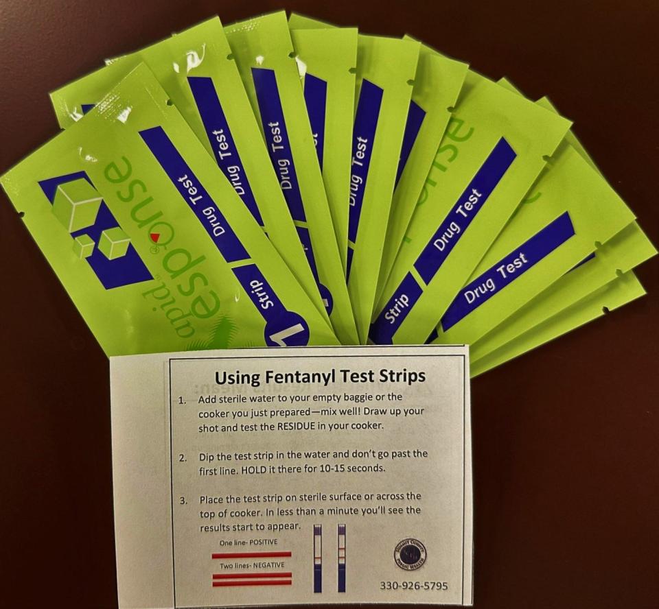 Summit County Public Health Department's harm reduction clinics provides free test strips like these which will show whether the street drugs you're taking, from cocaine and meth to marijuana and pills, contain fentanyl.