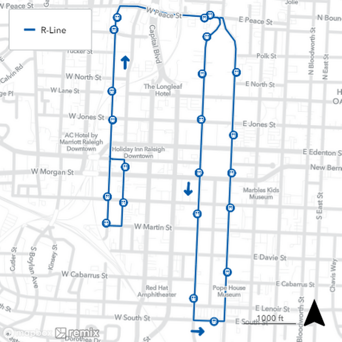 The R-Line makes an inverted U-shaped route in downtown Raleigh that covers West, Peace, Salisbury and Wilmington streets.