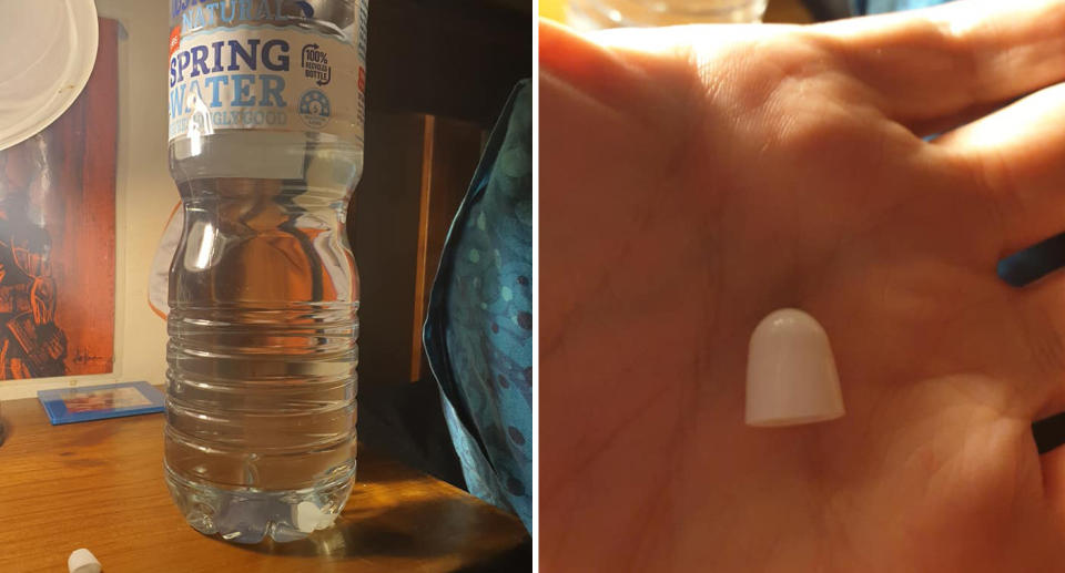 One of the white objects is pictured inside the bottle (left), and the other in the shopper's hand (right). Source: Facebook