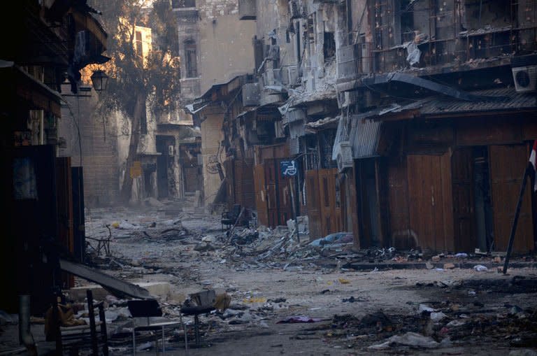 A general view taken on January 3, 2013, shows destruction in the old souk of the northern Syrian city of Aleppo after Syrian government forces allegedly recaptured the area from opposition forces