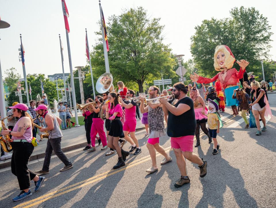 Knox Honkers & Bangers march as part of the Our Common Nature event last May to prove their ethos that everyone can be an artist. Behind them is the Cattywampus Puppet Council, who will be holding a fundraiser this weekend at the Old City Performing Arts Center. May 26, 2023