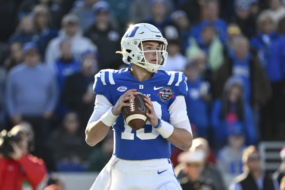 Quarterback Riley Leonard and the Duke Blue Devils may have a tough time following up their surprising 9-4 finish in 2022 with another strong outing. (AP Photo/Terrance Williams)