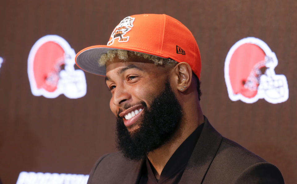 Cleveland Browns' Odell Beckham answers questions during a news conference Monday, April 1, 2019, in Berea, Ohio. (AP Photo/Ron Schwane)