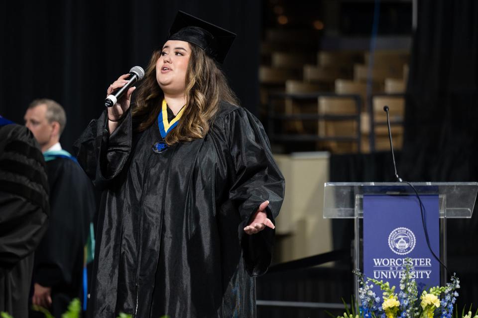 Kaylee Salatino performs the national anthem during Worcester State University's 2023 Spring Commencement at the DCU Center Saturday.