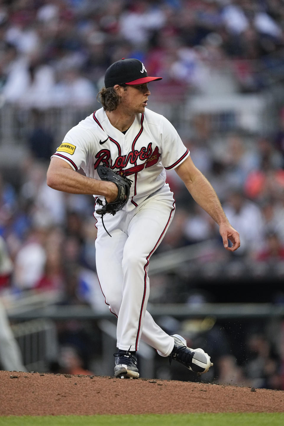 Atlanta Braves starting pitcher Dylan Dodd works in the first inning of the team's baseball game against the Philadelphia Phillies, Thursday, May 25, 2023, in Atlanta. (AP Photo/John Bazemore)