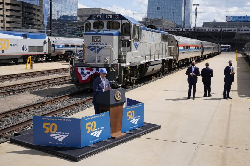 President Joe Biden speaks during an event to mark Amtrak's 50th anniversary at 30th Street Station in Philadelphia, Friday, April 30, 2021. (AP Photo/Patrick Semansky)