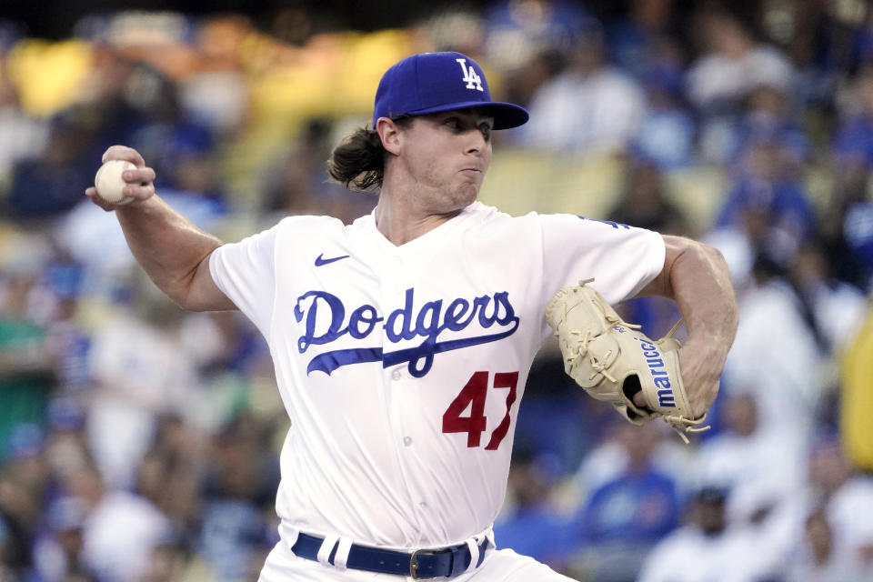 Los Angeles Dodgers starting pitcher Ryan Pepiot throws to the plate during the first inning of a baseball game against the Colorado Rockies Tuesday, July 5, 2022, in Los Angeles. (AP Photo/Mark J. Terrill)