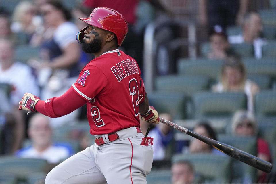 Los Angeles Angels' Luis Rengifo hits a solo home run in the first inning of a baseball game against the Atlanta Braves, Monday, July 31, 2023, in Atlanta. (AP Photo/John Bazemore)