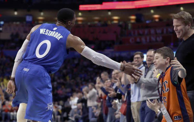 Russell Westbrook congratulates someone who isn't Kyrie irving. (Associated Press)