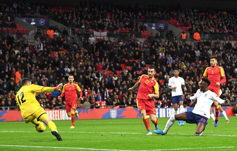 Tammy Abraham scores his first senior goal for England. (Photo by Michael Regan/Getty Images)