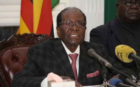 Zimbabwean President Robert Mugabe delivers his speech during a live broadcast at State House in Harare, Sunday, Nov, 19, 2017 - Credit: AP