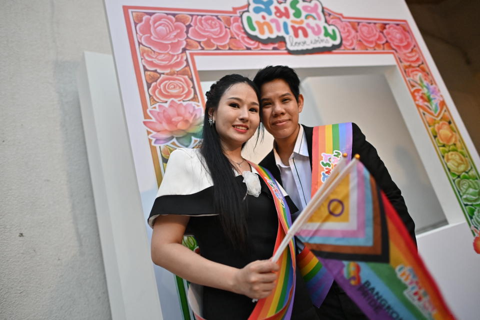 Members of the LGBTQ community celebrate after the Thai parliament passed the final senatorial vote on a same sex marriage bill, in Bangkok, Thailand, June 18, 2024.  / Credit: MANAN VATSYAYANA/AFP/Getty