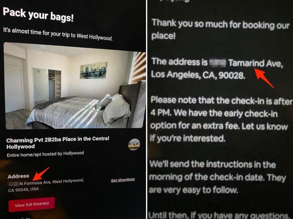 Two screenshots of the Airbnb listing's address and a message from the Hollywood host directing guests to another address.