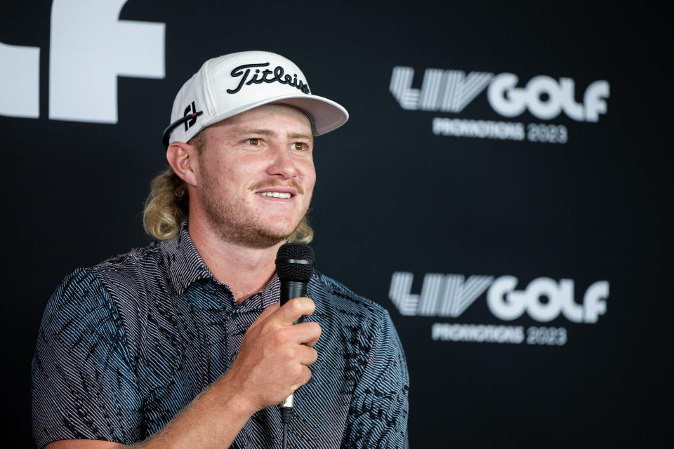Jediah Morgan speaks at a press conference ahead of the LIV Golf Promotions at the Abu Dhabi Golf Club on Thursday, Dec. 7, 2023 in Abu Dhabi, United Arab Emirates. (Photo by Montana Pritchard/LIV Golf