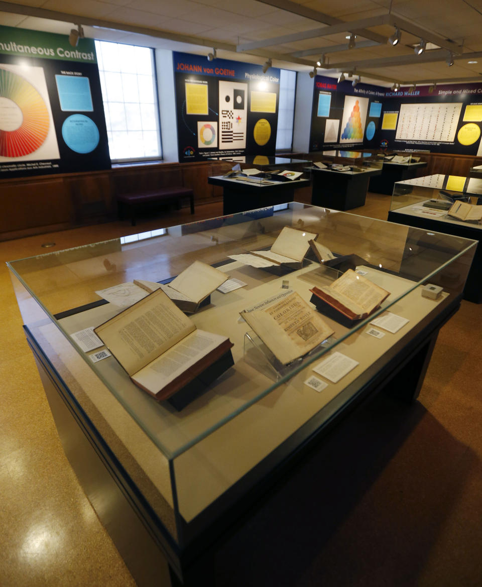 This Feb. 11, 2014 photo shows rare books at the Linda Hall Library on the UMKC campus in Kansas City, Mo. The library has a massive, privately-endowed library of science, engineering and technology, and is among Kansas City’s better-kept secrets. Its vast collections, exhibits and lectures are worth a look. The library also has the 20-seat Cosmology Theater, which features presentations from the Space Telescope Science Institute. (AP Photo/Orlin Wagner)