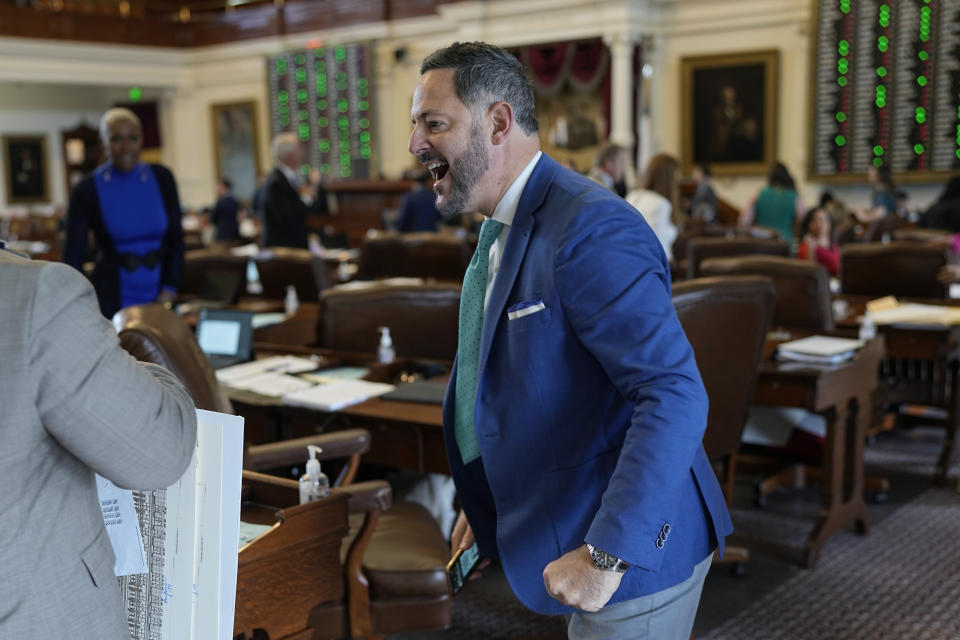 Texas state Rep. Rafael Anchia, D-Dallas, reacts as he votes for an amendment to a voting bill at the Texas Capitol in Austin, Texas, Tuesday, May 23, 2023. (AP Photo/Eric Gay)