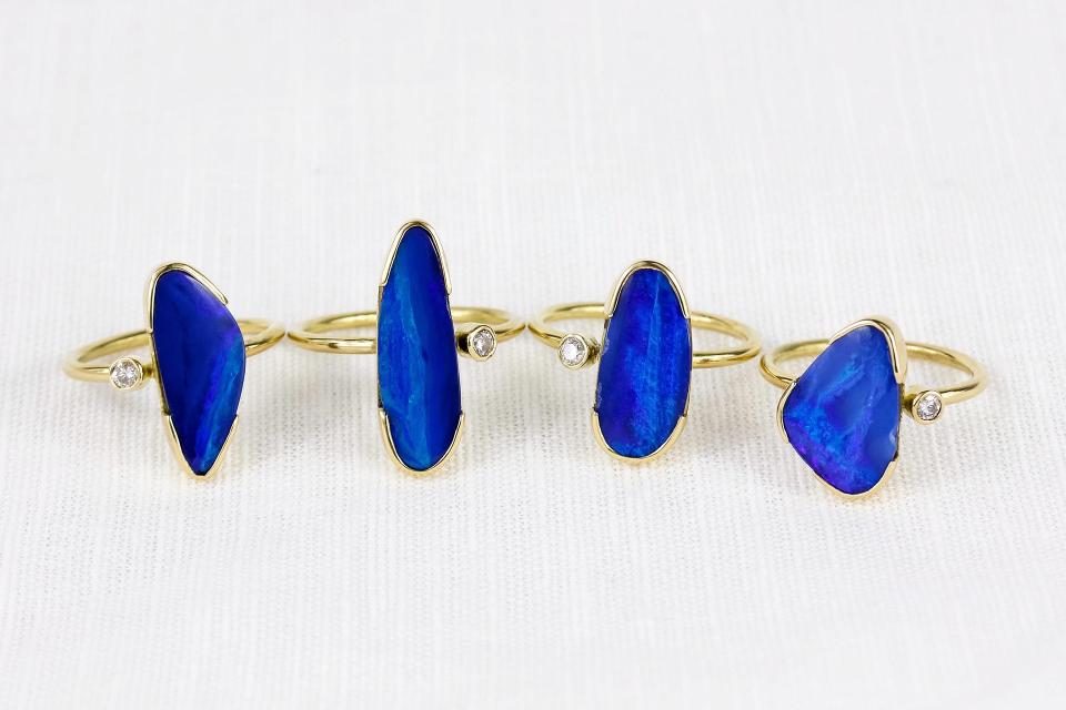Blue Australian Opal and Diamond Rings by Amy Jennifer Jewellery