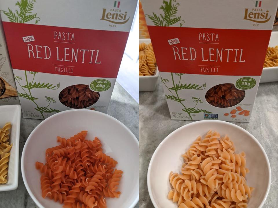 (left) uncooked pasta lensi red lentil pasta (right) cooked pasta lensi red lentil pasta