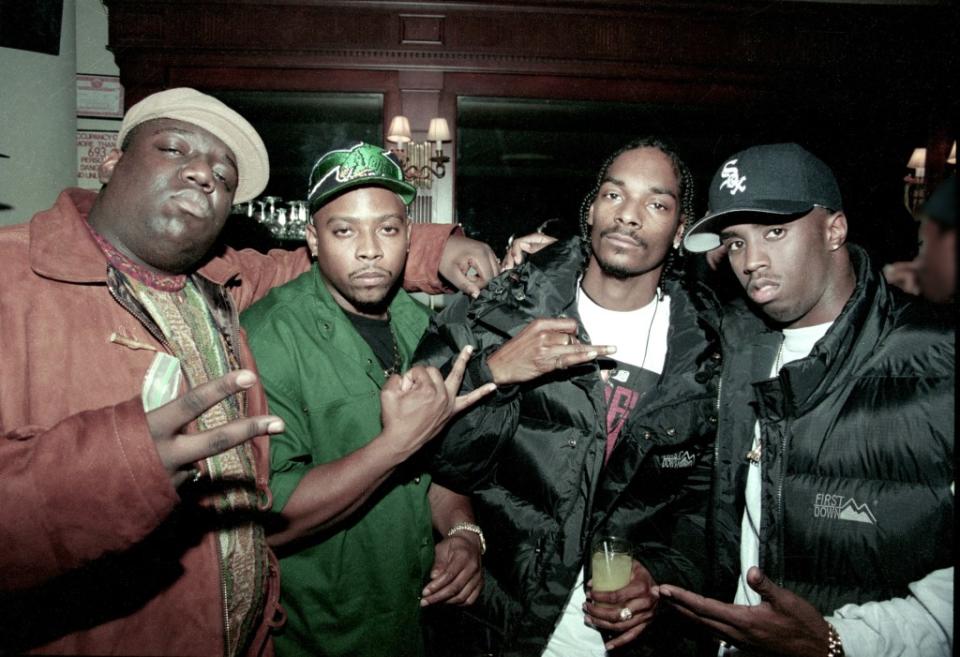 (From left) Rappers Notorious BIG, Nate Dogg, Snoop Dogg and Diddy in New York City in 1995. Getty Images