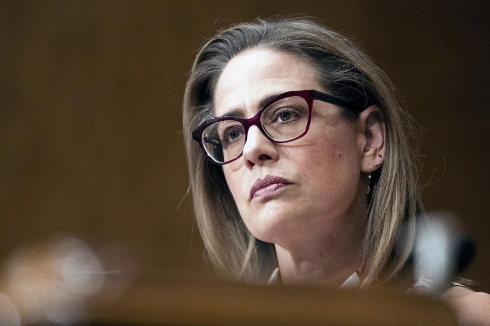 FILE - Sen. Kyrsten Sinema, D-Ariz., speaks during a Senate Homeland Security and Governmental Affairs committee hearing to examine social media's impact on homeland security, Sept. 14, 2022, on Capitol Hill in Washington. In 2024 Sinema will be up for reelection. (AP Photo/Alex Brandon, File)